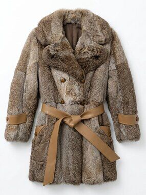 100% Genuine Rabbit Fur Mid-Length Belted Jacket - Size L